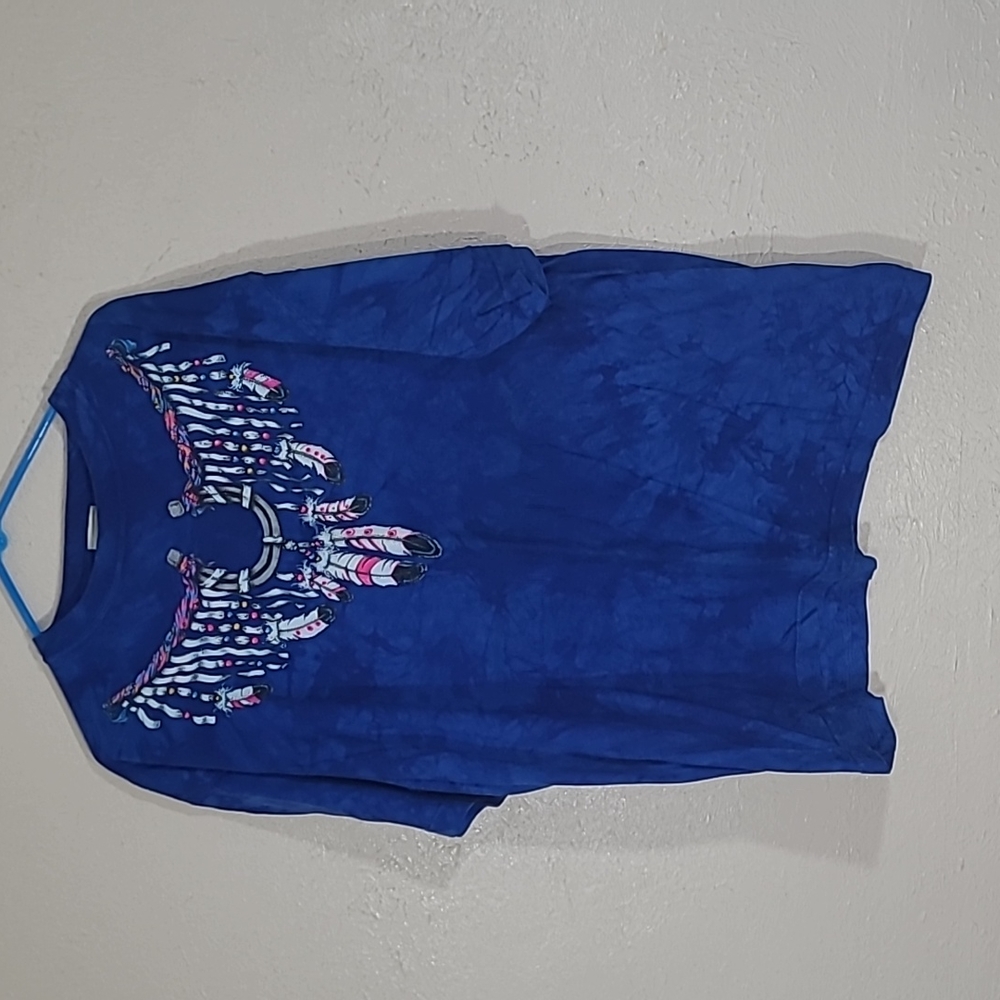 vintage 90s Rag Tops Native American Necklace feathers size L blue tie dye shirt